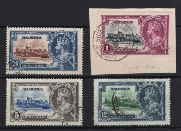 Mauritius 1935 Silver Jubilee set vfu, 1s on piece with 1st day cds