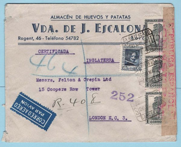Spain 1938 Civil War: neat censored registered airmail advertising cover to London