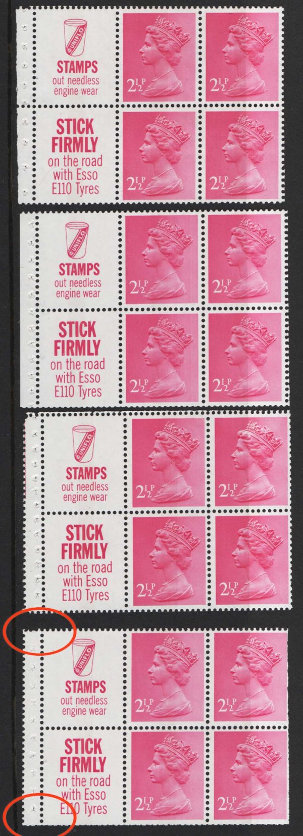 GB 1971 Machin OCP/PVA 2½p 4 + 2 label booklet panes um DP4, perf type P1r, AP1, PAP2, good perfs, also PAP1 (trimmed) MCC£51