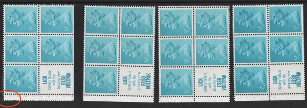 GB 1971 Machin OCP/PVA ½p Lick booklet panes um DP7, perf type P1s, P1r, AP1, good perfs, also PAP1 (av perfs) MCC£37