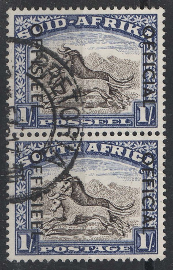 South Africa 1950 1s blackish-brown & ultramarine Official sgO47a fu vert pair