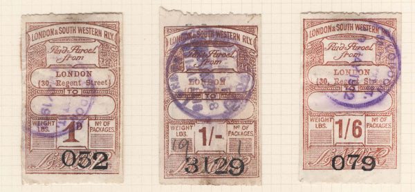 GB Railway  London & South Western Railway : 1d, 1s, 1/6d Paid Parcel stamps fu