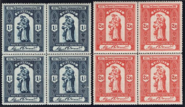 GB 1897 Prince of Wales Fund 1s & 2/6d charity stamps um blks of 4