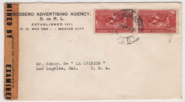 Mexico 1943 Censored advertising cover to Los Angeles, franked pair 20c airmails