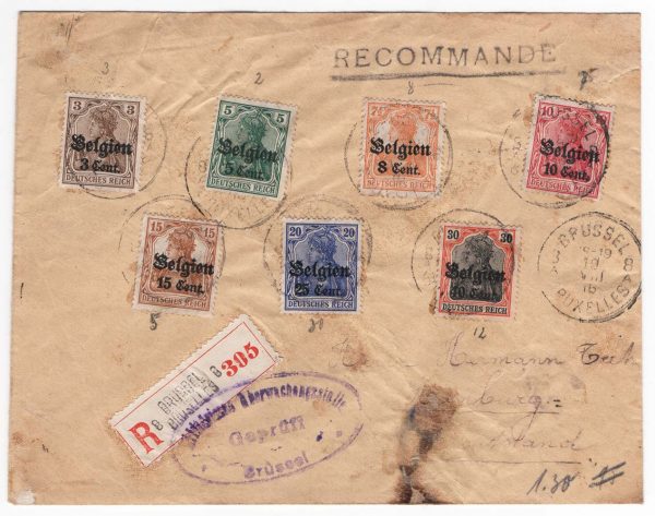 Germany - Belgium Occ 1916 Registered cover Brussels-Hamburg franked 7x Germania