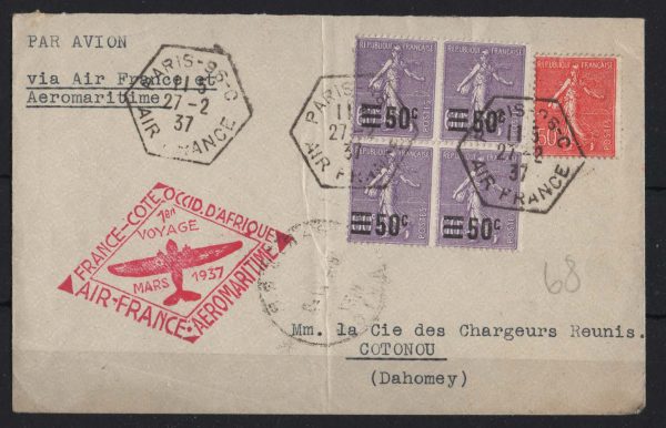 France 1937 FFC First Flight cover Paris-Cotonou, Dahomey, crisp red cachet