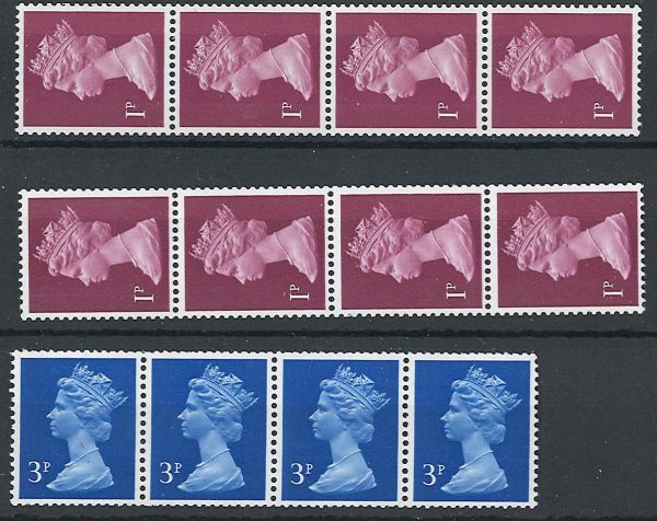 GB 1971 Machin 3p 2B FCP/GA horiz coil strip of 4 um fairly good perfs, also 2x 1p vert strips