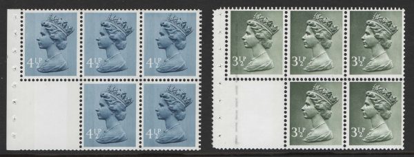 GB 1971 Machin 4½p booklet pane um good perfs, r1/1 dots in front of face variety also 3½p 2B PVA booklet pane um perf APPL good perfs