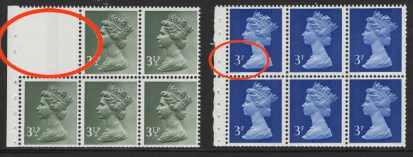 GB 1971 Machin 3½p CB booklet pane um blank label at top variety, good perfs top & right, trim at base, also 3p 2B OCP/PVA booklet pane of 6 um, dot in 'p' variety on r1/1, 1/2, 2/1, 2/2, perfs as scan r1/3 & 2/3 without dot.