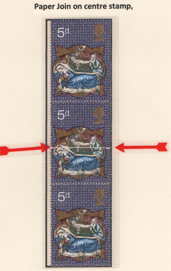 GB 1970 Christmas 5d um vert strip of 3 with printers paper join leaving white line across stamp - unusual