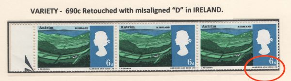 GB 1966 Landscapes 6d r10/3, missing D in AND error retouched (D misplaced) um positional strip of 3