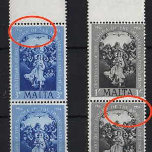 Malta 1954 Centenary of Dogma 3d r2/7 blob on O in OF, 1s r2/4 large retouch