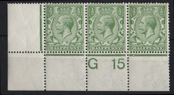 GB 1912 ½d bright yellow-green G15(P) corner strip of 3 vf mint (1x um) sg354var