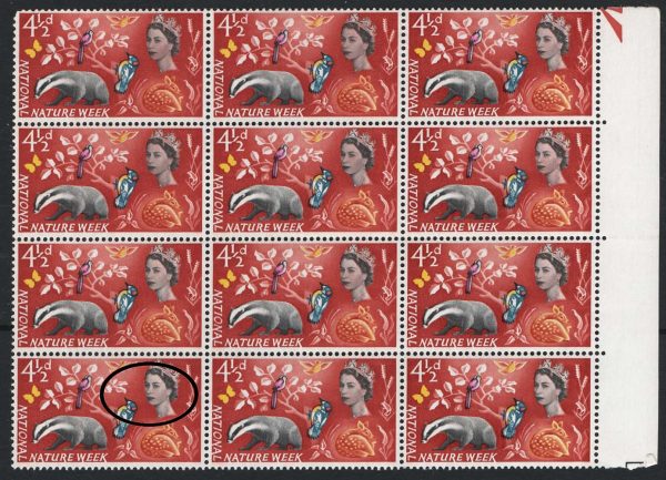GB 1963 Nature Week 4½d r14/4 nose retouch um positional blk of 12