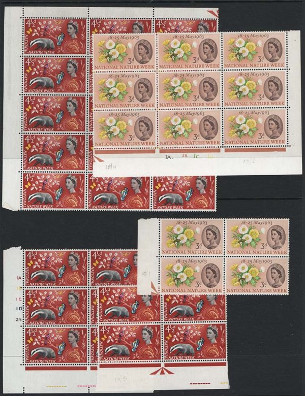 GB 1963 Nature Week 4½d r18-19 cyl blk of 6 c£15 + 3d blocks with r10/1, 18/4, 19/6 + 4½d r3/3, r19/3 um SG-listed varieties
