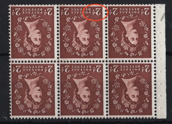 GB 1955 Edward wmk 2d light wmk inverted um booklet pane, full perfs incl r2/2 spot after 2 variety