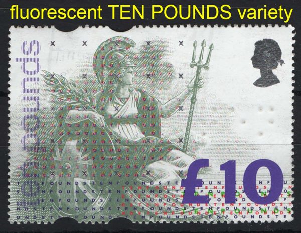 GB 1993 £10 Britannia, the fluorescent TEN POUNDS variety fu, shows only under LONG wave UV