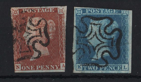 GB 1841 1d red, black plate 11 NA 3¼ margins, vgu crisp MX, also 2d blue plate 3