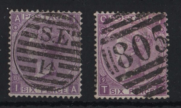 GB 1867 6d mauve plate 8 vgu, crisp numeral, ditto plate 9 sg109 c£230