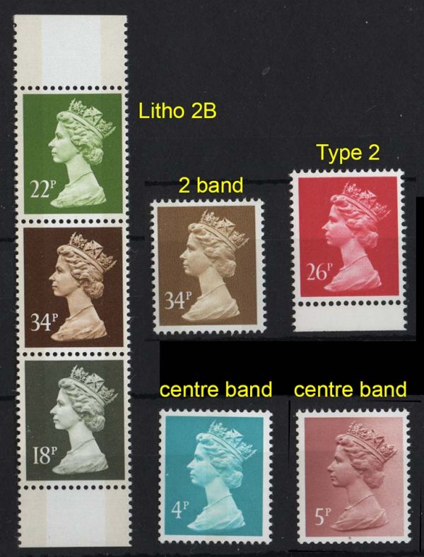 GB 1971 to 1992 difficult Machins: Litho 18p, 22p, 34p 2 band: photogravure 4p, 5p centre band, 34p 2B & 26p type II um, (BB retail £29+)
