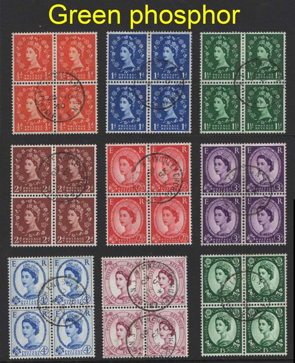 GB 1960 Green phosphor set of 9 in vfu blks of 4 incl the scarce 2d one band, all dated 25NO60