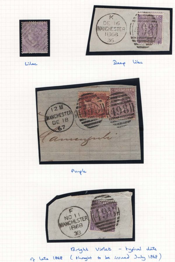 GB 1867 6d plate 6 wmk spray, 4 different shades fu, 3 on piece sg104, etc
