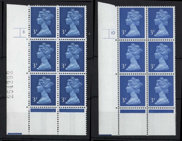 GB 1971 Machin 3p 2B FCP/GA cyl 10 p1 corner blk of 6 um, also 3p CB cyl 8 perf EP p? (dry print - might be p9?)
