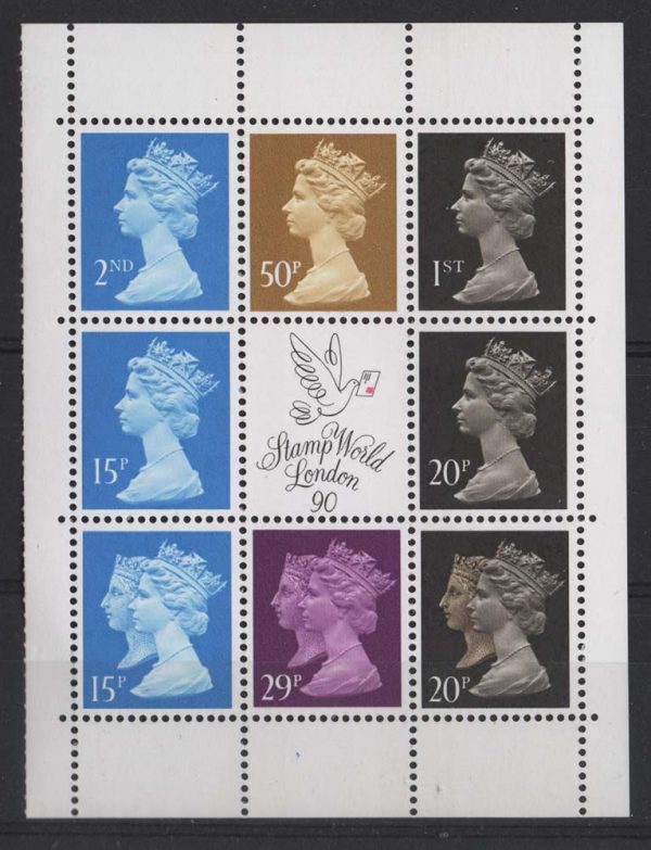 GB 1990 Double heads 15p RB, 29p 2B, 20p 2B, Machin 15p RB 20p 2B, 2nd bright blue RB, 1st black 2B, 50p sand 2B um
