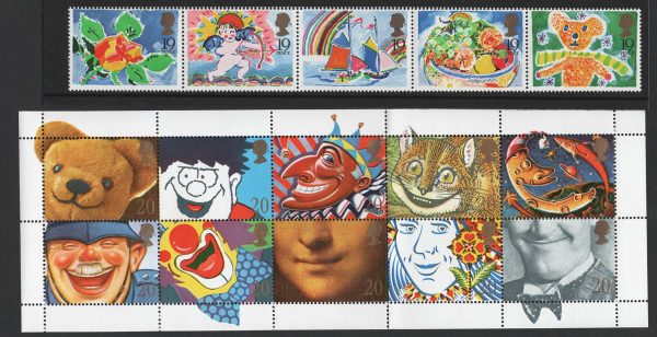 GB 1989 Greeting strip of 5 good perfs um, ditto 1990 20p Smiles blk of 10