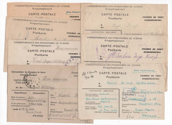 Military-WW2 1946 7xPOW correspondence postcards from various France to Germany