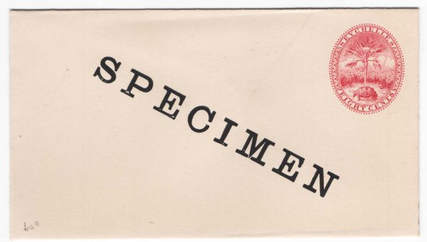 Seychelles 1895 SPECIMEN printed envelope 8c carmine on cream. 140x78mm, v fine