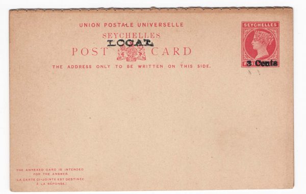 Seychelles 1902 Reply Card 4c + 4c carmine on buff ovpt '3 Cents' & LOCAL, 139x8