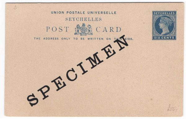 Seychelles 1890 Postal Card 6c blue on buff with SPECIMEN overprint, 139x89mm