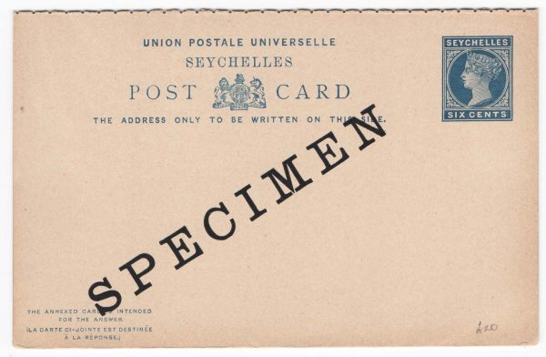 Seychelles 1890 Reply Card 6c + 6c blue on buff with SPECIMEN overprint on both