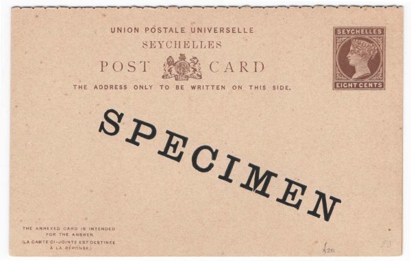 Seychelles 1890 Reply Card 8c + 8c dark brown on buff with SPECIMEN overprint