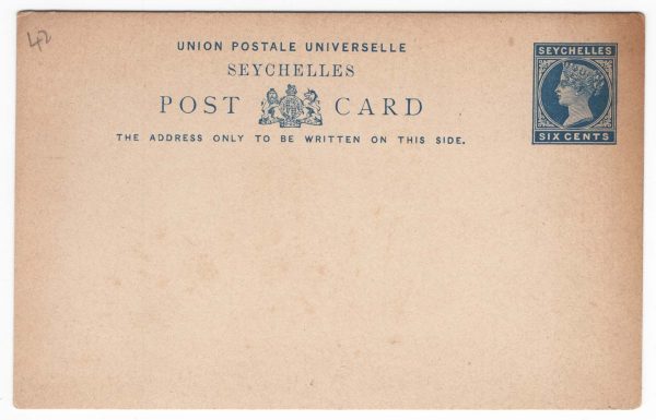 Seychelles 1890 Postal Card 6c blue on buff, 139x89mm, g-fine unused