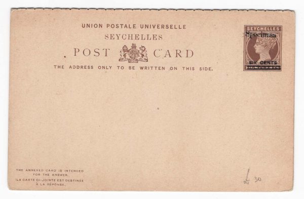 Seychelles 1902 Reply Card 8c + 8c dark brown on buff with SPECIMEN & SIX CENTS