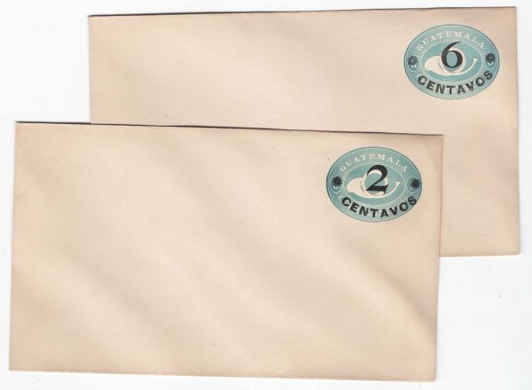Guatemala 1898 Postal envelope embossed posthorn 6c on 5c blue, ditto 2c on 5c