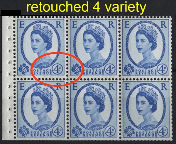 GB 1960 4d 8mm violet phosphor um booklet pane of 6, r1/1 retouch over 4 variety Spec SB111ac