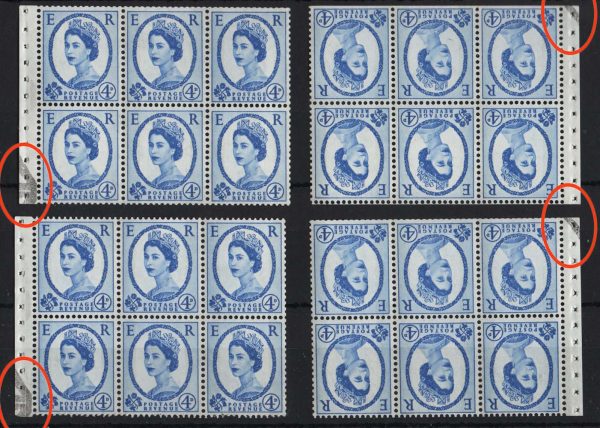 GB 1960 4d 9.5mm phosphor um wmk up booklet pane of 6 with large black marker arrow +