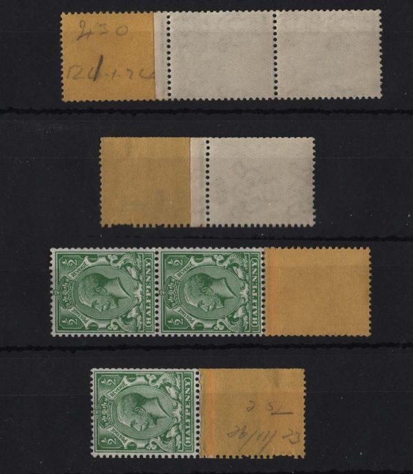 GB 1912 ½d sg351 fine um yellow coil end dated 12.1.24 + 2 stamps