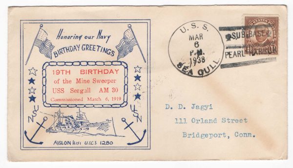USA 1938 USS Seagull mine sweeper 19th Birthday illus cover Sub Base Pearl Harbour