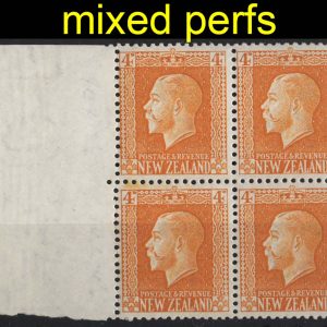 New Zealand 1915 4d yellow mixed perf marginal blk of 4 p14x13½/14½ sg421d fine