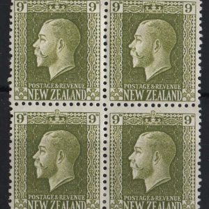 New Zealand 1915 9d yellowish-olive perf 14x14½ f mint blk of 4 sg429c c£88