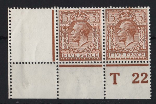 GB 1912 5d sg381 T22(P) corner pair um c£50 as basic stamps