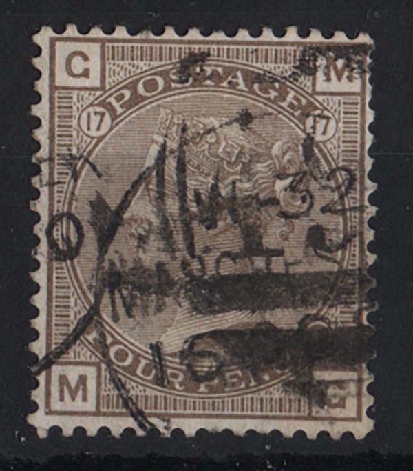 GB 1876 4d grey-brown wmk garter sg154 plate 17 gu, couple short perfs c£500