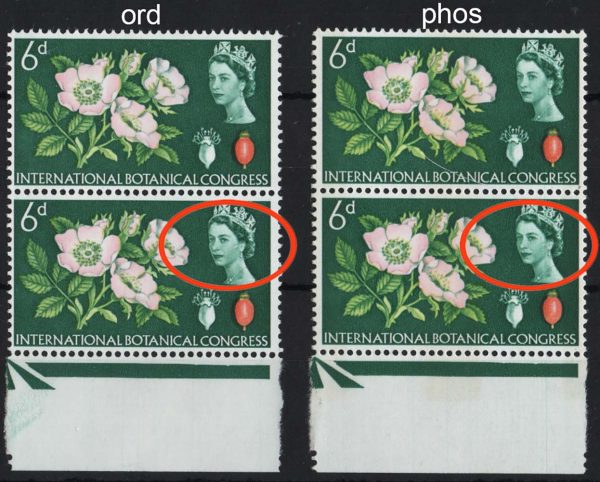 GB 1964 Botanical 6d ord r20/4 good retouch of Queen's cheek um positional pair, ditto phosphor