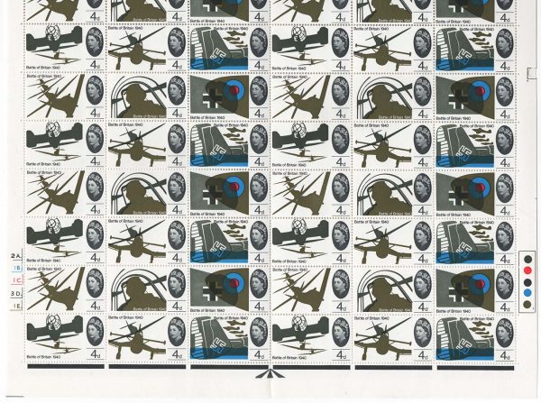 GB 1965 Battle of Britian 4d ord, complete 2A dot sheet of 120  um incl r19-20/3 damaged wing/tailplane + other varieties