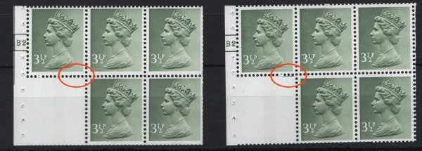 GB 1971 Machin stitched pane 3½p CB cyl B2 good perfs um with flying saucer variety in label, ditto without variety (this av perfs)