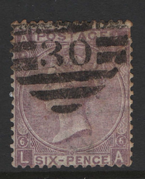 GB 1867 6d purple plate 6 wmk spray vgu, 1 short perf sg106 c£210
